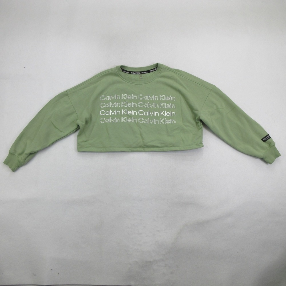 Calvin Klein Women Sweatshirt S Pullover Cropped Long Sleeve Green Logo Active